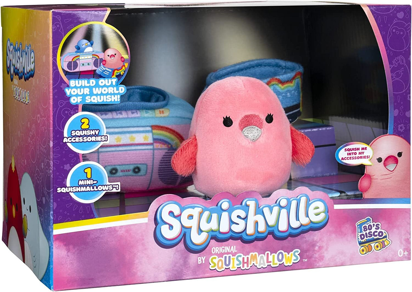 Squishville SQM0205 Original Squishmallows 80s Disco Set-2-Inch Cookie The Flamingo Plush, Squish Stereo and Roller Skates Accessories-Toys for Kids, Multi