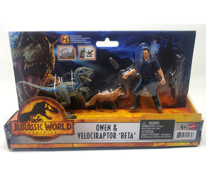 Jurassic World Dominion Action Figures Owen Claire Beta and Dilophosaurus, 4 figures with accessories