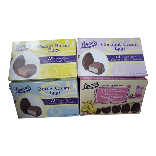 Lerro Milk Chocolate Easter Eggs 4 Flavor Combo Pack, includes Butter Cream, Peanut Butter, Crunchy Peanut Butter and Coconut Cream, 1 box of 12 per flavor, 4 boxes in total, 48 eggs