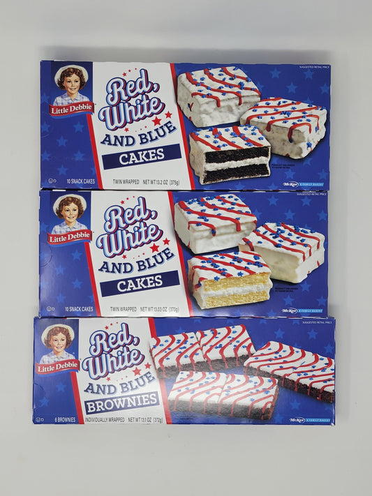 Little Debbie Red White and Blue Bundle, Chocolate cake, Vanilla Cake and Brownie, 1 box of Each
