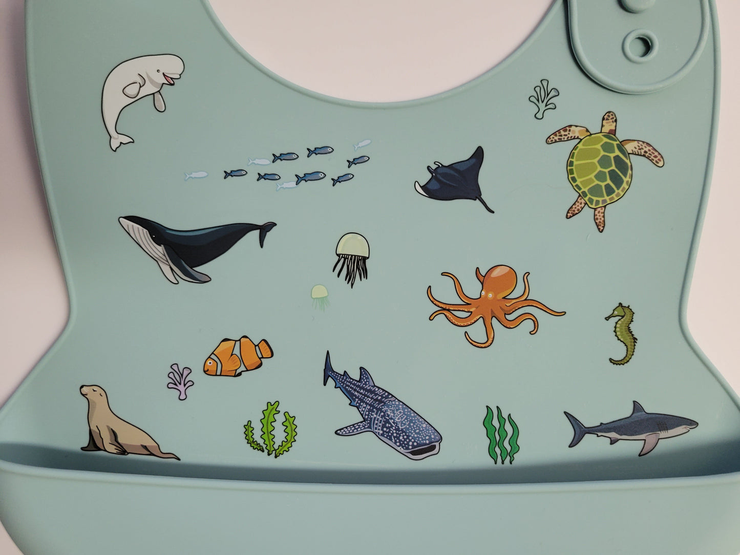 Waterproof Silicone Bibs 4 Pack. 4 Silicone Bibs with food catchers, Ocean World, Jurassic, Wild Animal, Space.