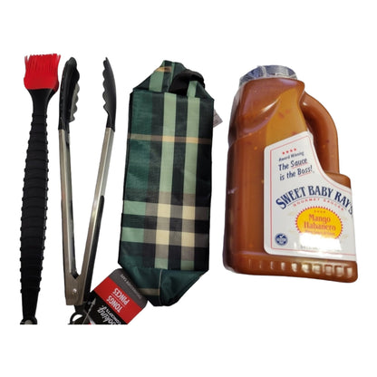 Mens Father's Day Grill Bundle, includes Mens travel bag, 1 jug 64oz of Sweet Baby Rays Sauce, Grill Tongs and basting Brush. Gifts for him, Valentines Gift for him
