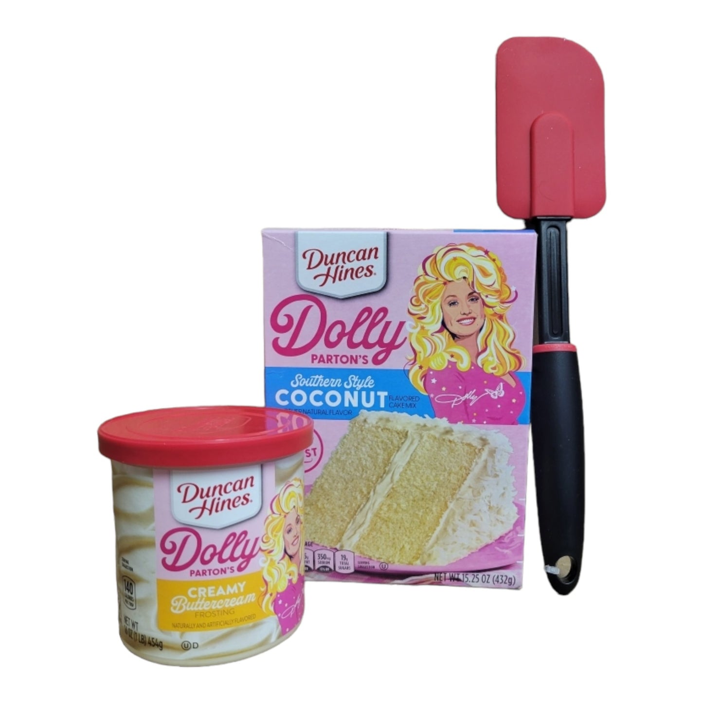 Dolly Parton Cake Gift Bundle for Valentine's Day, 1 15.25 oz box of cake mix, 1 16 oz container of frosting, 1 spatula, and a heart shaped basket