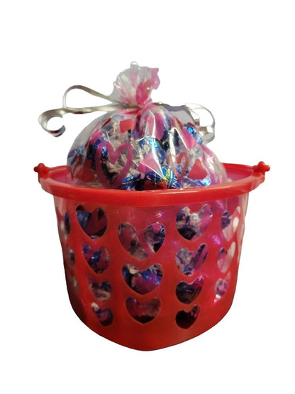 Valentines's Day Snoopy Bundle Basket. 1 plush Heart Snoopy, 1 9 oz bag Hershey's Chocolate Dipped Strawberry Kisses, 1 8.8 oz bag of Hershey's Pink Cookies N' Creme Hearts, with Heart Shaped Basket