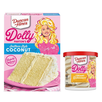 Duncan Hine's Dolly Parton's Favorite Southern-Style Coconut Cake Mix and Spatula Gift Set! Coconut Flavored Cake Mix With Vanilla Frosting and Spatula Included