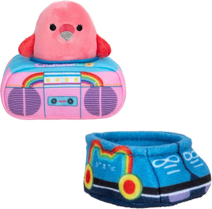 Squishville SQM0205 Original Squishmallows 80s Disco Set-2-Inch Cookie The Flamingo Plush, Squish Stereo and Roller Skates Accessories-Toys for Kids, Multi