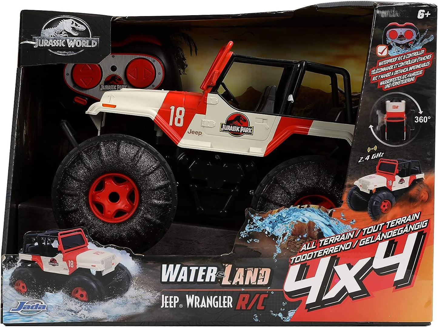 Jada Toys Jurassic World 10.5" Jeep Wrangler Water and Land RC Radio Control Cars, Toys for Kids and Adults