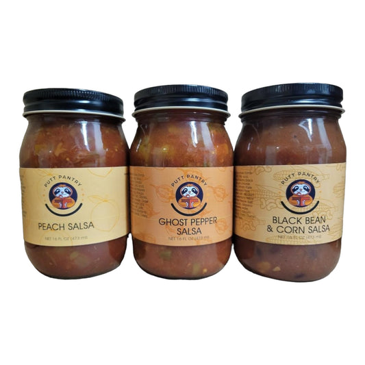 Putt Pantry Salsa Variety 3 Pack Bundle - Includes Ghost Pepper Salsa, Black Bean and Corn Salsa and Peach Salsa, 16 oz jar of each flavor