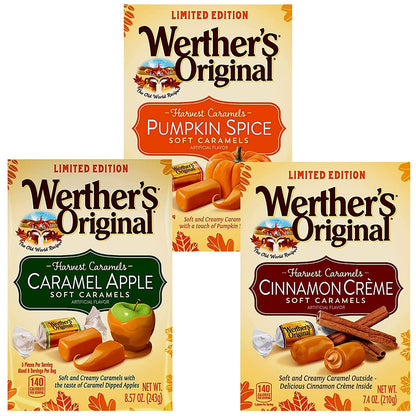 Putt Pantry Werther's Soft Caramels Special Edition Fall Bundle, Pumpkin Spice, Caramel Apple, Cinnamon Creme Holiday Caramels for Halloween Hay Rides Trick or Treating 8.57 oz each, Pack of 3