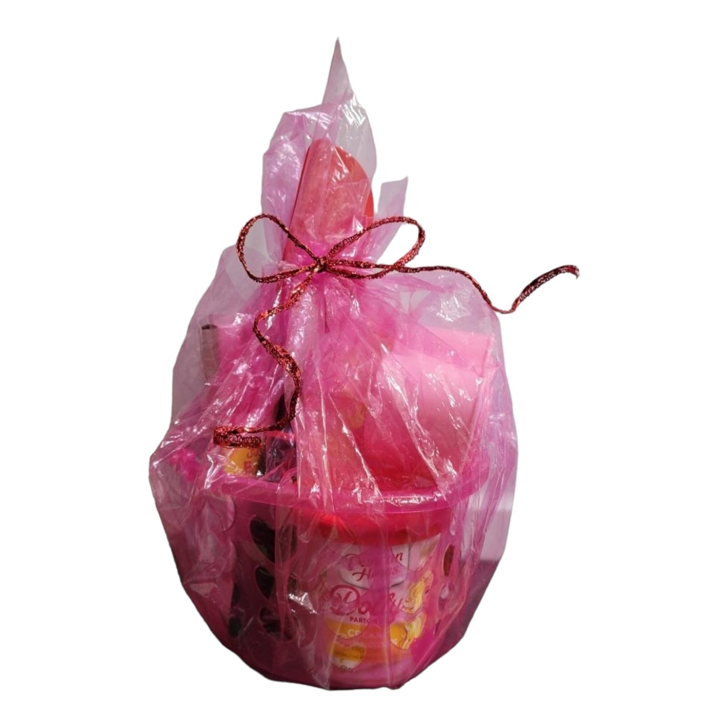 Dolly Parton Cake Gift Bundle for Valentine's Day, 1 15.25 oz box of cake mix, 1 16 oz container of frosting, 1 spatula, and a heart shaped basket