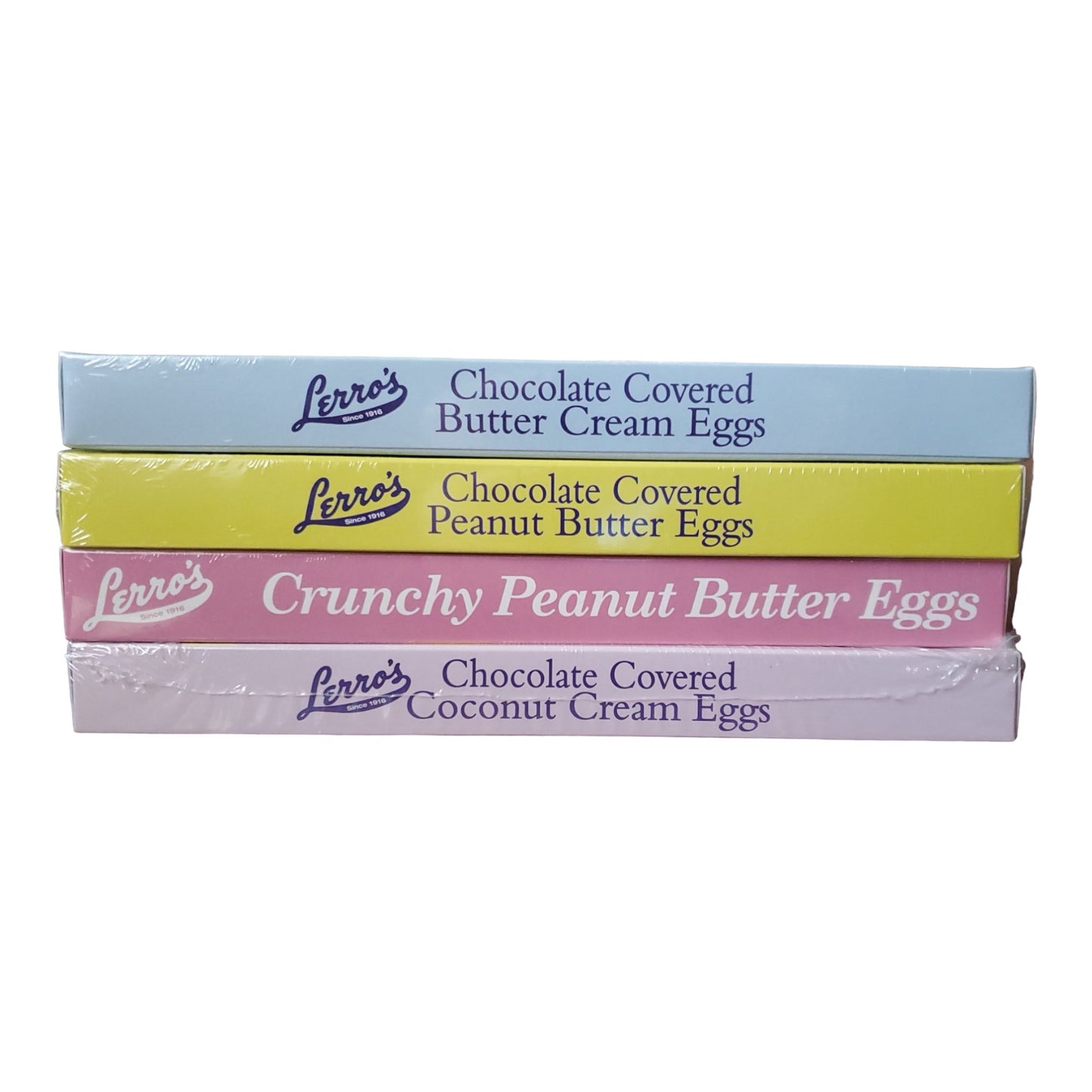 Lerro Milk Chocolate Easter Eggs 4 Flavor Combo Pack, includes Butter Cream, Peanut Butter, Crunchy Peanut Butter and Coconut Cream, 1 box of 12 per flavor, 4 boxes in total, 48 eggs