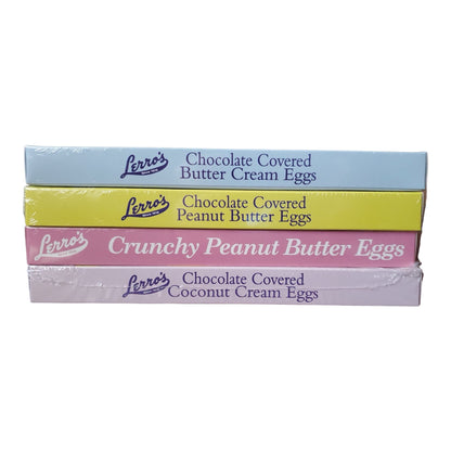 Lerro Milk Chocolate Easter Eggs 4 Flavor Combo Pack, includes Butter Cream, Peanut Butter, Crunchy Peanut Butter and Coconut Cream, 1 box of 12 per flavor, 4 boxes in total, 48 eggs