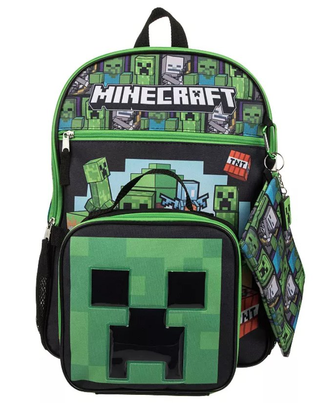 Minecraft Backpack, Lunch Kit, Utility Case, Carabiner, Keychain 5 pc School Combo