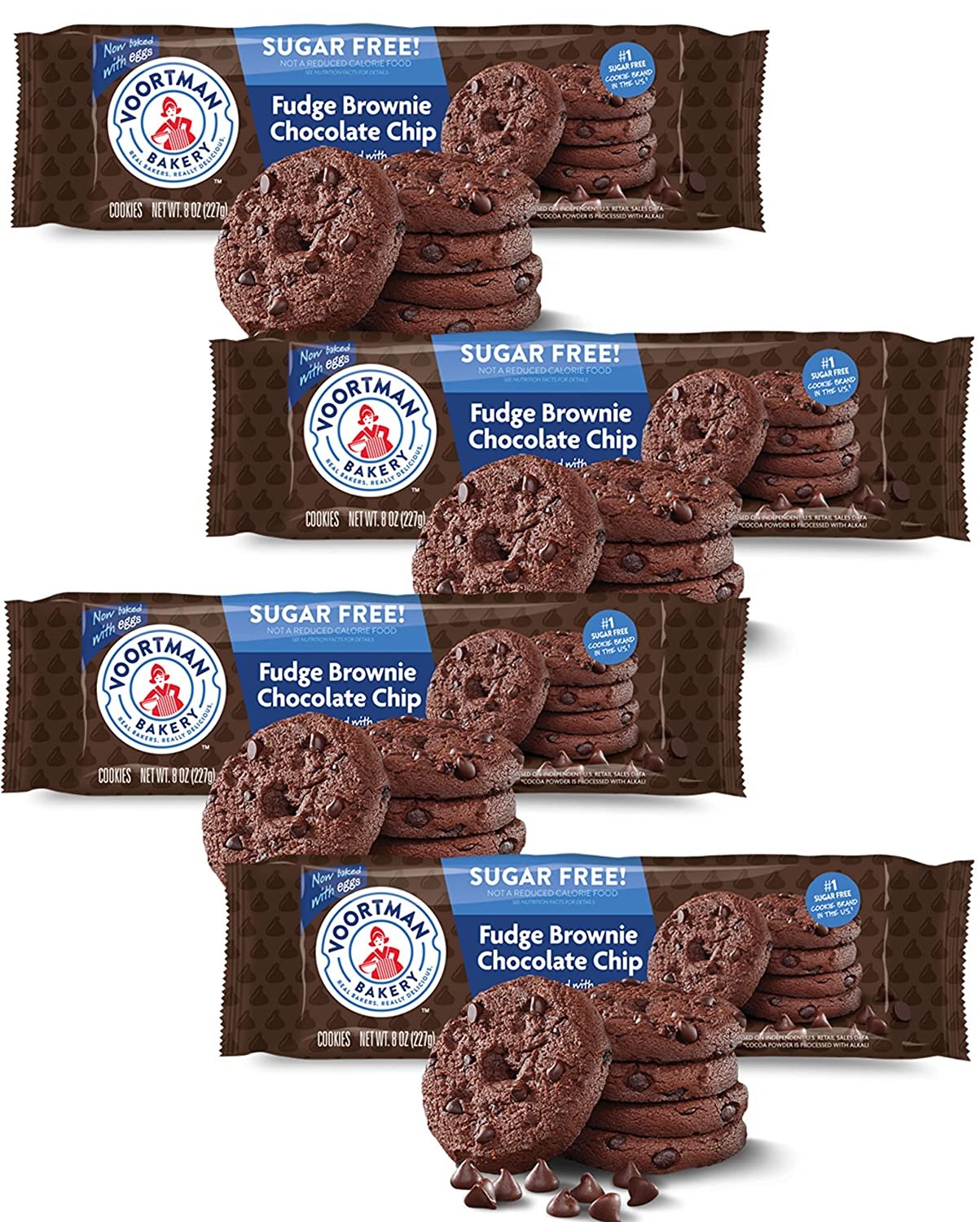 Voortman Bakery Sugar Free Fudge Brownie Chocolate Chip Cookies, Pack of 4, Contains Real Cocoa