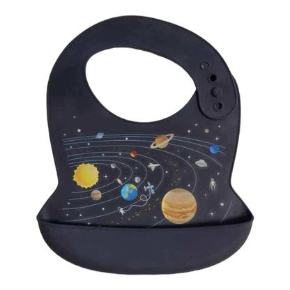 Waterproof Silicone Bibs 4 Pack. 4 Silicone Bibs with food catchers, Ocean World, Jurassic, Wild Animal, Space.