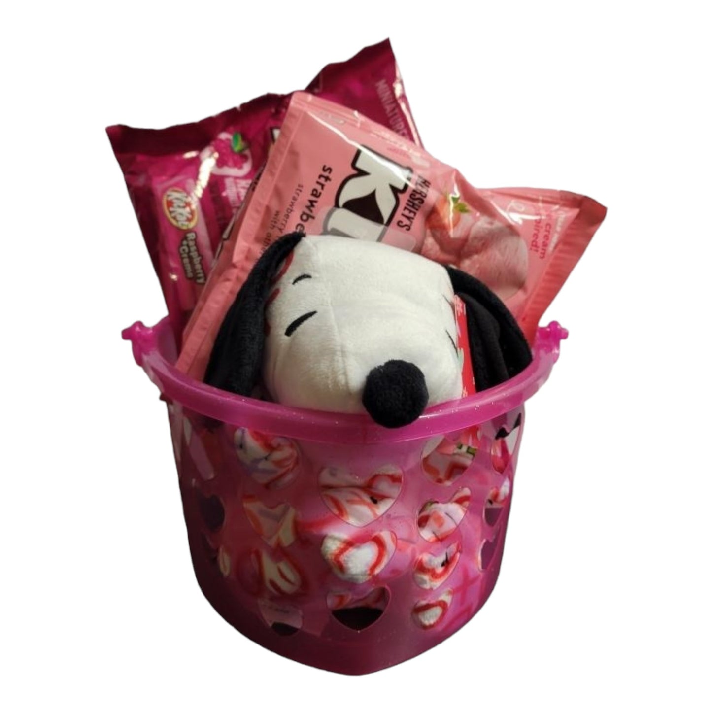 Valentines's Day Snoopy Bundle Basket. 1 plush Heart Snoopy, 1 9 oz bag Hershey's Chocolate Dipped Strawberry Kisses, 1 8.8 oz bag of Hershey's Pink Cookies N' Creme Hearts, with Heart Shaped Basket