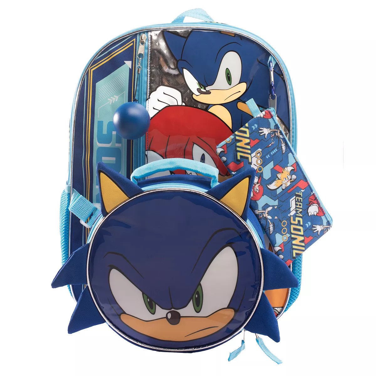 Sonic The Hedgehog Backpack, Lunch Pack, Accessories Pouch, Carabineer, Squish Ball Dangle 5 pc School Combo