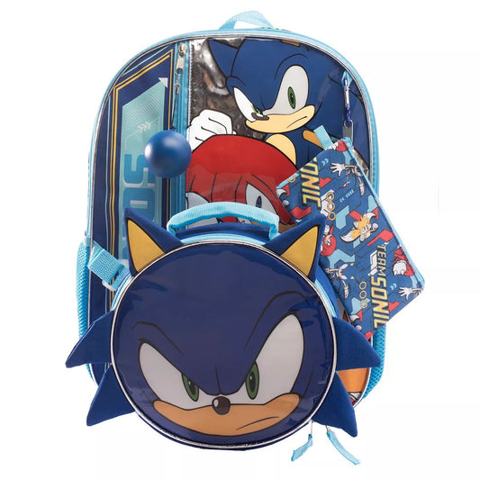 Sonic The Hedgehog Backpack, Lunch Pack, Accessories Pouch, Carabineer, Squish Ball Dangle 5 pc School Combo
