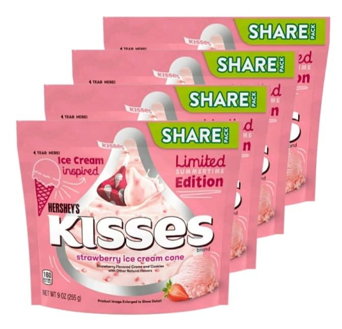 Hersheys Kisses Strawberry Ice Cream Cone Limited Edition Sumertime Flavor - Pack of 4 Share Size Bags - 9 oz Per Bag - 36 oz Total - Limited Edition Summertime Kisses