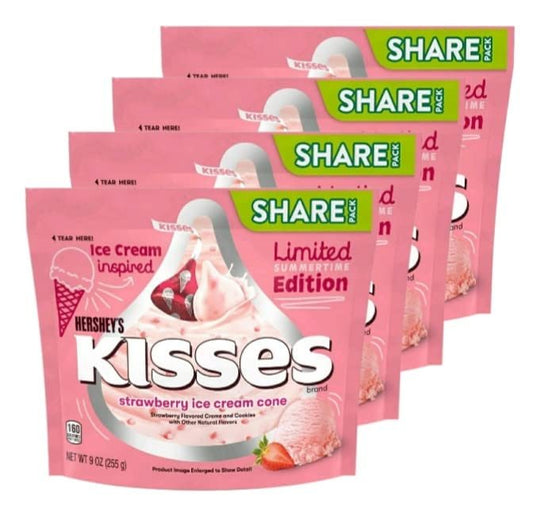 Hersheys Kisses Strawberry Ice Cream Cone Limited Edition Sumertime Flavor - Pack of 4 Share Size Bags - 9 oz Per Bag - 36 oz Total - Limited Edition Summertime Kisses