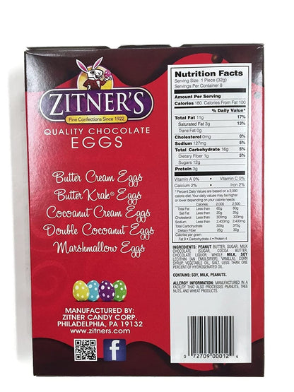 Zitner's Chocolate Eggs Variety Pack: Cocoanut Cream, Peanut Butter, Butter Krak, 8 Eggs, 3 Count 9 oz. Boxes, 1 box of Each Flavor