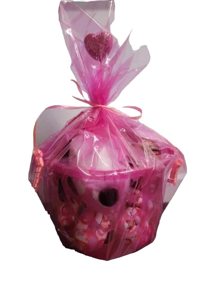Valentines's Day Snoopy Bundle Basket. 1 plush Heart Snoopy, 1 9 oz bag Hershey's Chocolate Dipped Strawberry Kisses, 1 8.8 oz bag of Hershey's Pink Cookies N' Creme Hearts, with Heart Shaped Basket