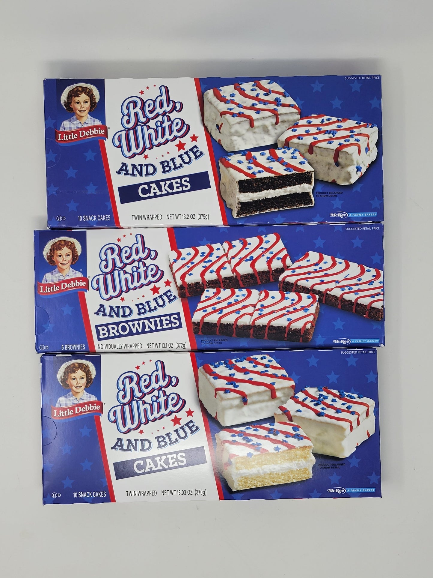 Little Debbie Red White and Blue Bundle, Chocolate cake, Vanilla Cake and Brownie, 1 box of Each