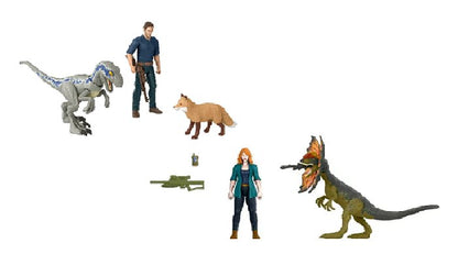 Jurassic World Dominion Action Figures Owen Claire Beta and Dilophosaurus, 4 figures with accessories
