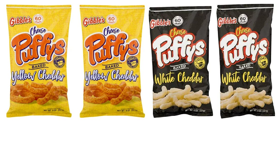 Gibble's Cheese Puffs Snacks, Baked Combo, 2 White Cheddar and 2 Yellow Cheddar, 8 oz Bags - QTY 4