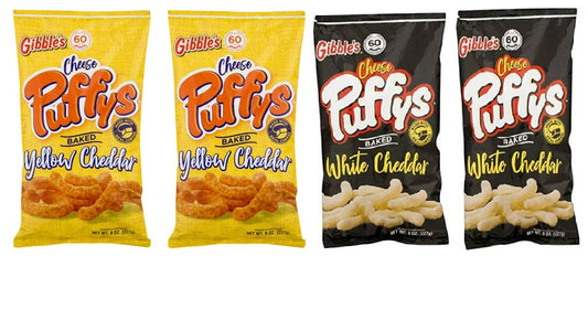 Gibble's Cheese Puffs Snacks, Baked Combo, 2 White Cheddar and 2 Yellow Cheddar, 8 oz Bags - QTY 4