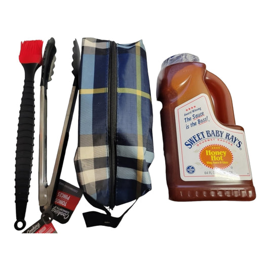 Mens Father's Day Grill Bundle, includes Mens travel bag, 1 jug 64oz of Sweet Baby Rays Sauce, Grill Tongs and basting Brush. Gifts for him, Valentines Gift for him