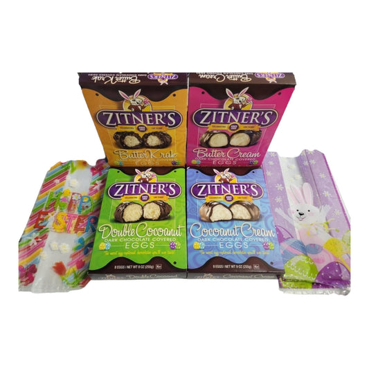 Zitners Dark Chocolate Covered Eggs Assorted 4 Pack, 1 box 9 oz of Cocoanut Cream Dark Chocolate Eggs, 1 box 9 oz of Double Cocoanut Dark Chocolate Eggs, 1 box 9 oz of Butter Krak Dark Chocolate Eggs, and 1 box 9 oz Butter Cream Dark Chocolate Eggs, 8...