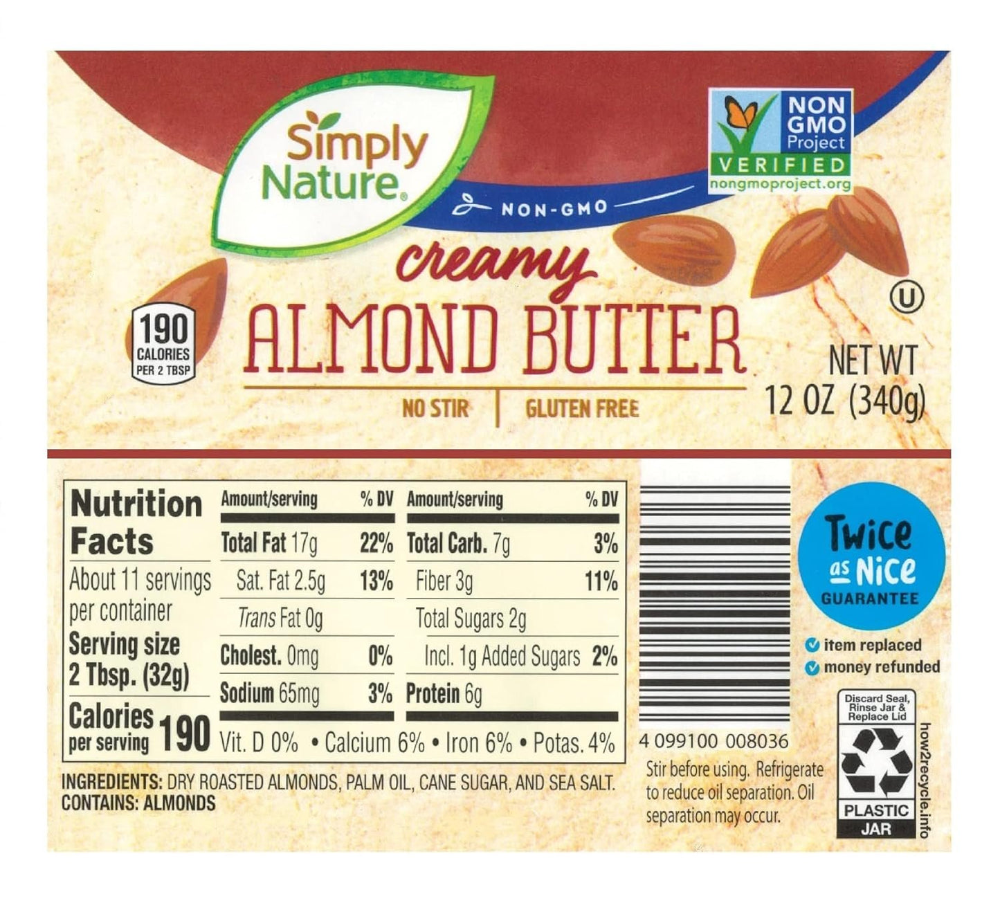 Simply Nature Creamy Almond Butter, 12 oz (Pack of 2)