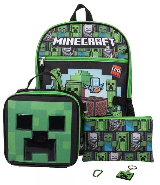 Minecraft Backpack, Lunch Kit, Utility Case, Carabiner, Keychain 5 pc School Combo