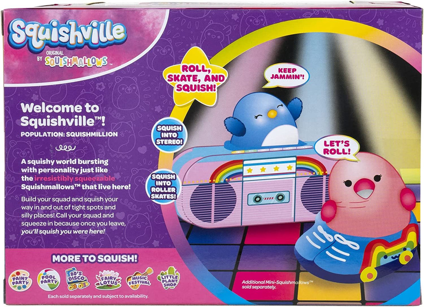 Squishville SQM0205 Original Squishmallows 80s Disco Set-2-Inch Cookie The Flamingo Plush, Squish Stereo and Roller Skates Accessories-Toys for Kids, Multi