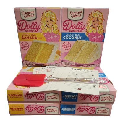 Duncan Hines Dolly Parton Cake 6 PACK, 3 boxes 15.25 oz of Dolly Parton Southern Style Banana cake mix, 3 boxes 15.25 oz of Dolly Parton Southern Style Coconut cake mix, 3 containers 16 oz each of Dolly Partons Creamy Chocolate Buttercream Icing, 3...