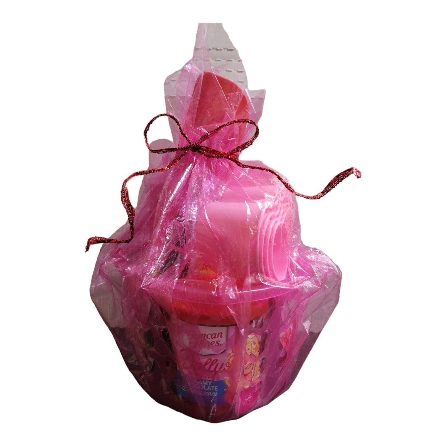 Dolly Parton Cake Gift Bundle for Valentine's Day, 1 15.25 oz box of cake mix, 1 16 oz container of frosting, 1 spatula, and a heart shaped basket