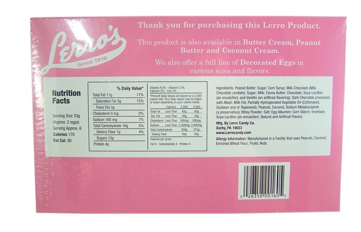 Lerro Milk Chocolate Easter Eggs 4 Flavor Combo Pack, includes Butter Cream, Peanut Butter, Crunchy Peanut Butter and Coconut Cream, 1 box of 12 per flavor, 4 boxes in total, 48 eggs