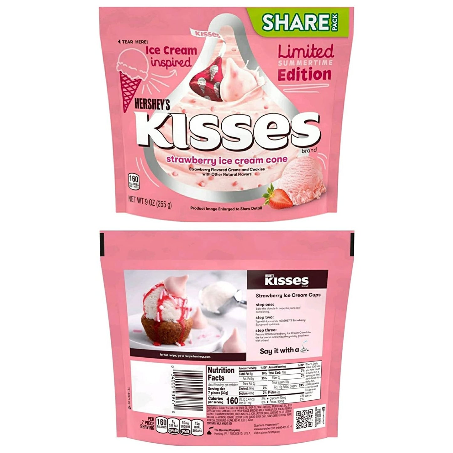 Hersheys Kisses Strawberry Ice Cream Cone Limited Edition Sumertime Flavor - Pack of 4 Share Size Bags - 9 oz Per Bag - 36 oz Total - Limited Edition Summertime Kisses