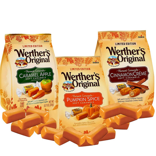 Putt Pantry Werther's Soft Caramels Special Edition Fall Bundle, Pumpkin Spice, Caramel Apple, Cinnamon Creme Holiday Caramels for Halloween Hay Rides Trick or Treating 8.57 oz each, Pack of 3