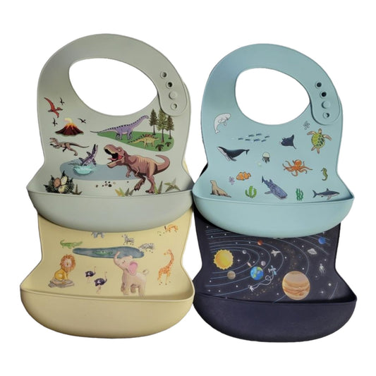 Waterproof Silicone Bibs 4 Pack. 4 Silicone Bibs with food catchers, Ocean World, Jurassic, Wild Animal, Space.