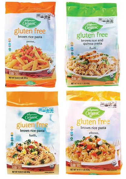 Wegmans Organic Vegan Pasta Bundle: Gluten Free Brown Rice Pasta Penne, Elbows, Fusilli, and Brown Rice and Quinoa Fusilli - 4 bags, 16 oz each, 4 pounds in total