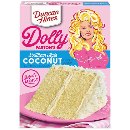 Duncan Hine's Dolly Parton's Favorite Southern-Style Coconut Cake Mix and Spatula Gift Set! Coconut Flavored Cake Mix With Vanilla Frosting and Spatula Included