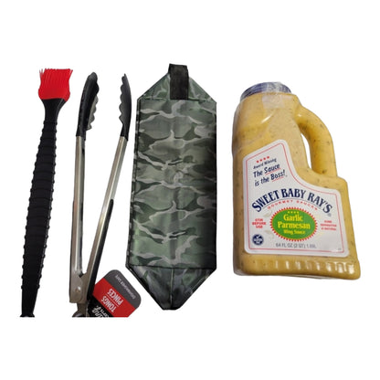 Mens Father's Day Grill Bundle, includes Mens travel bag, 1 jug 64oz of Sweet Baby Rays Sauce, Grill Tongs and basting Brush. Gifts for him, Valentines Gift for him