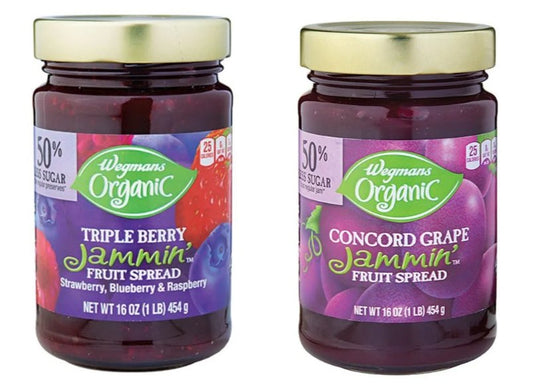 Putt Pantry Organic Fruit Jam Combo - 1 Wegmans Organic Concord Grape Jammin Fruit Spread and 1 Wegmans Organic Triple Berry Jammin Fruit Spread, 2 - 16 oz jars