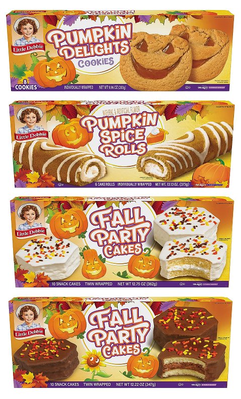 Little Debbie Fall Treat Collection Pumpkin Delights Cookies, Pumpkin Spice Rolls, Vanilla Fall Party Cakes, Chocolate Fall Party Cakes