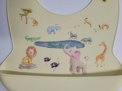 Waterproof Silicone Bibs 4 Pack. 4 Silicone Bibs with food catchers, Ocean World, Jurassic, Wild Animal, Space.