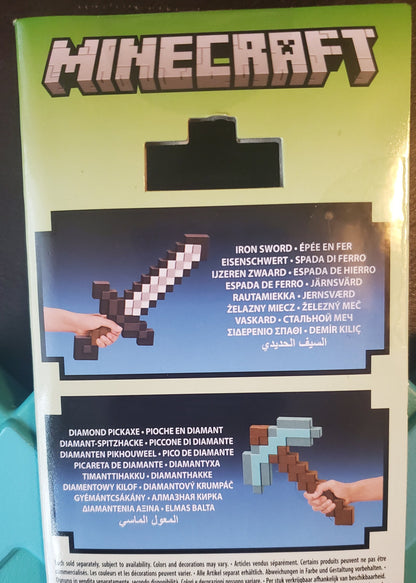Minecraft Diamond Pickaxe, 14 inches long, handle is 9.5 inches wide