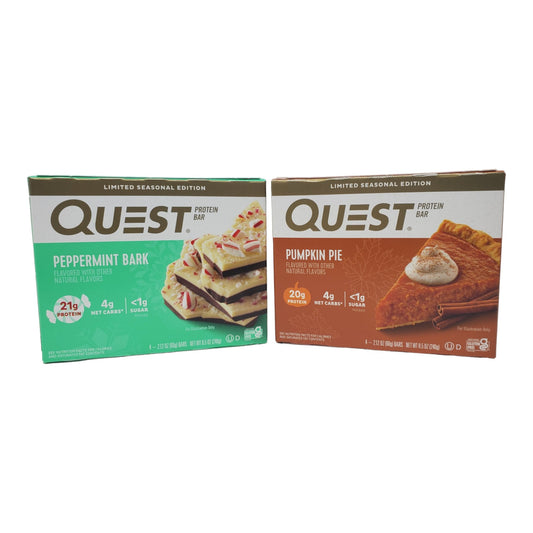 Putt Pantry Quest Pumpkin Pie and Peppermint Bark 2 Pack Seasonal Limited Edition Flavors, Includes 8 Protein Bars
