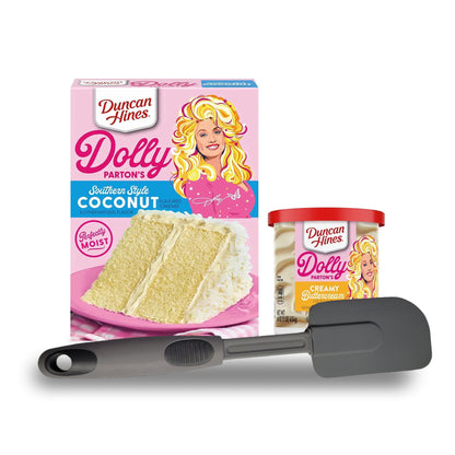 Duncan Hine's Dolly Parton's Favorite Southern-Style Coconut Cake Mix and Spatula Gift Set! Coconut Flavored Cake Mix With Vanilla Frosting and Spatula Included